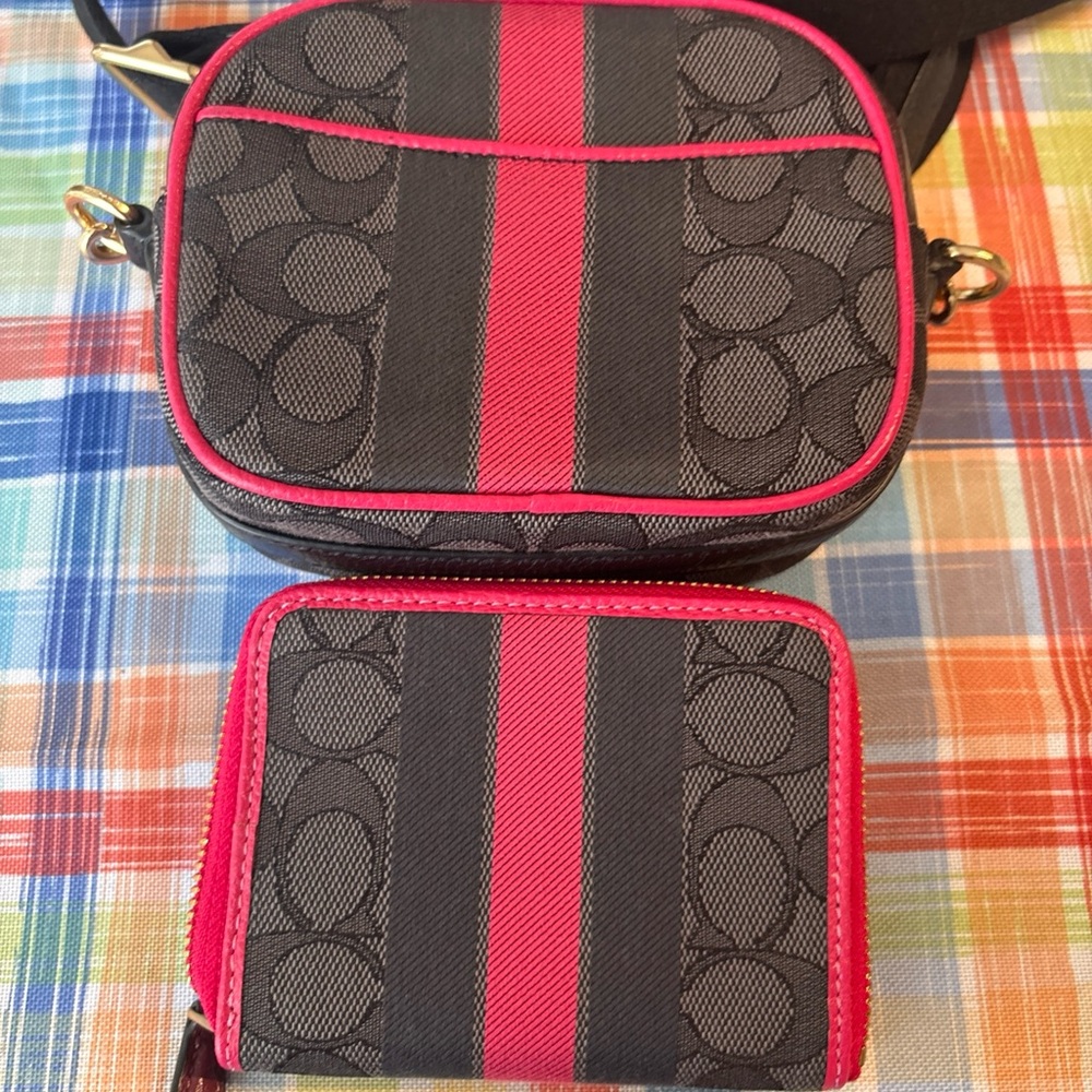 Coach Black Signature Crossbody and Zip Wallet with Pink Stripe